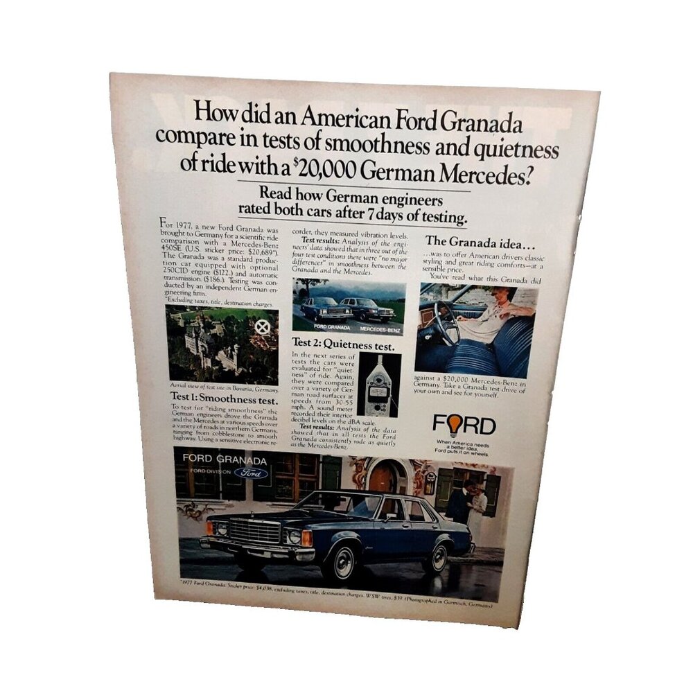 1977 Ford Granada Car Smoothness Mercedes Original Print ad 70s
